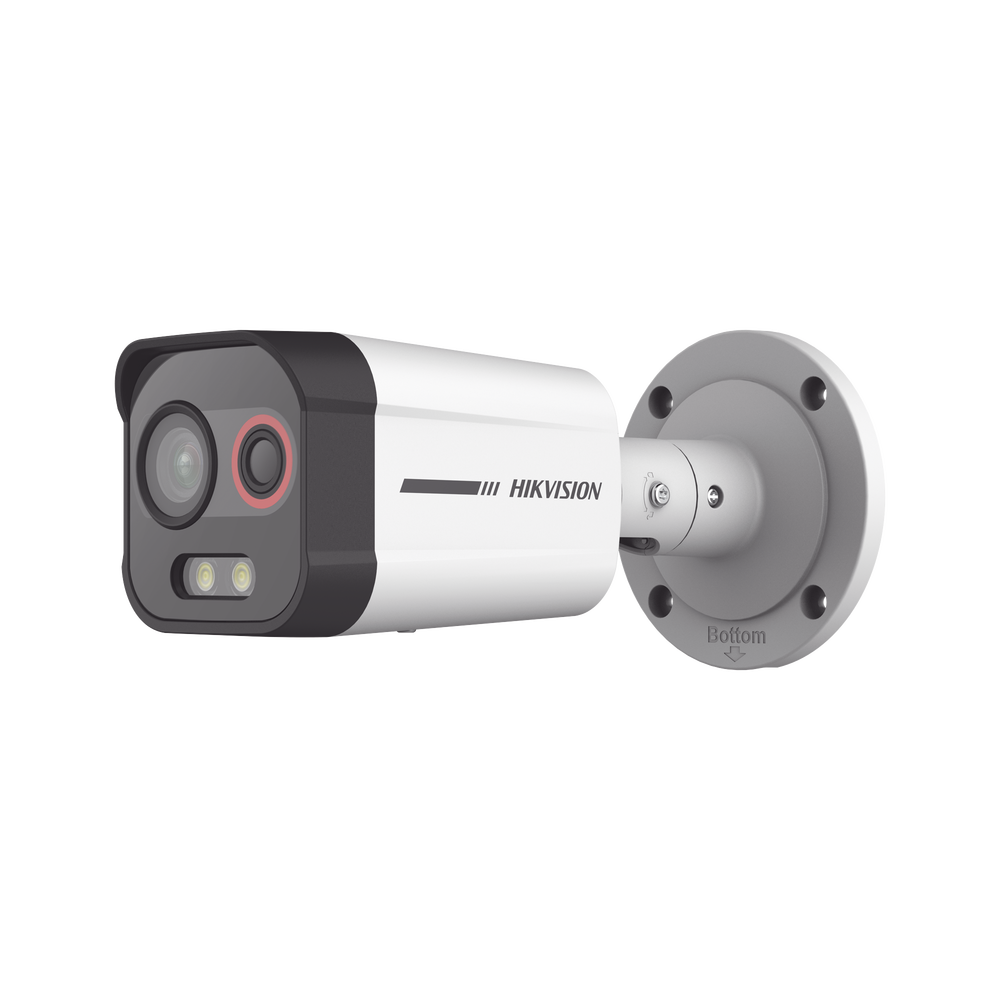 Cámara Bala IP Térmica y Óptica Biespectral / Análisis de Video (VCA) para Protección Perimetral / Clasifica Vehículo/Humano / Térmica 96 x 72 / Óptica 4 MP ColorVu / IP67 / Audio y Alarma Visual