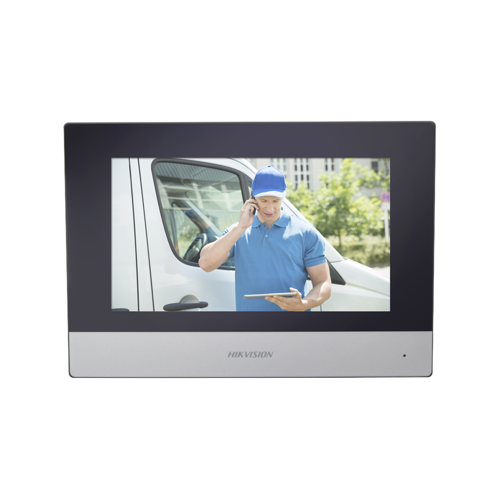 Monitor Hibrido IP WiFi Touch Screen 7" para DS-KIS303P / Vídeo en Vivo / PoE Estándar / Apertura Remota / Llamada Entre Monitores / Audio de dos vías / Policarbonato