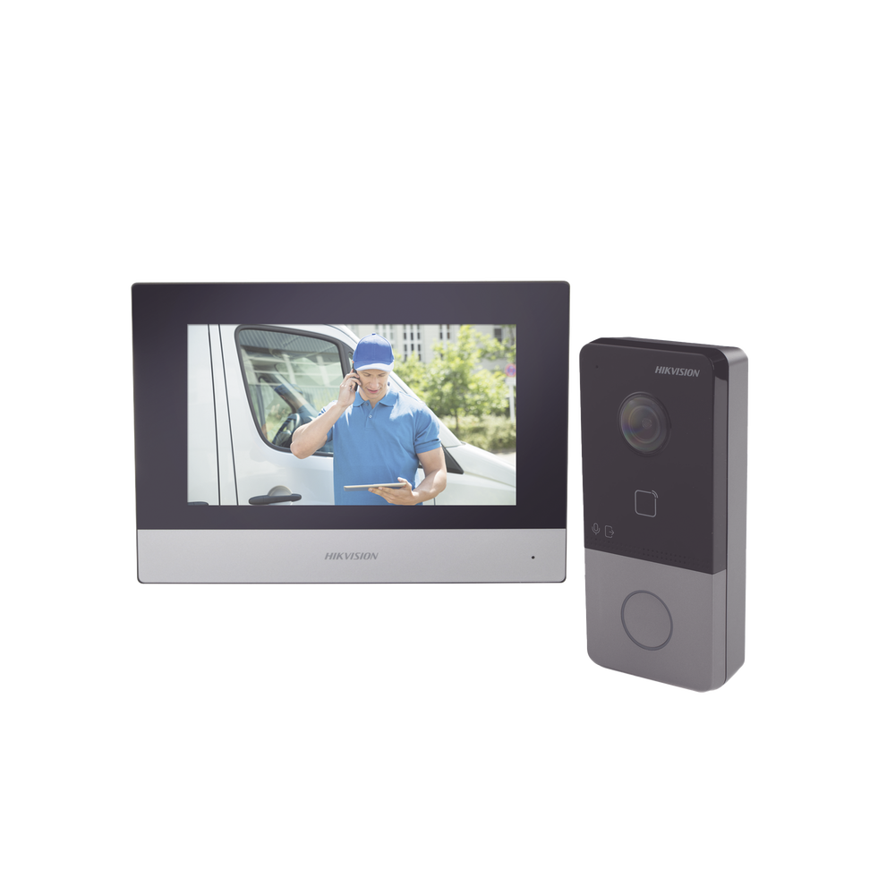 Kit de Videoportero IP Poe Estandar con llamada a App de Smartphone (HikConnect) / Apertura con tarjeta MIFARE / Frente de calle IP65 / Soporta 1 Departamento