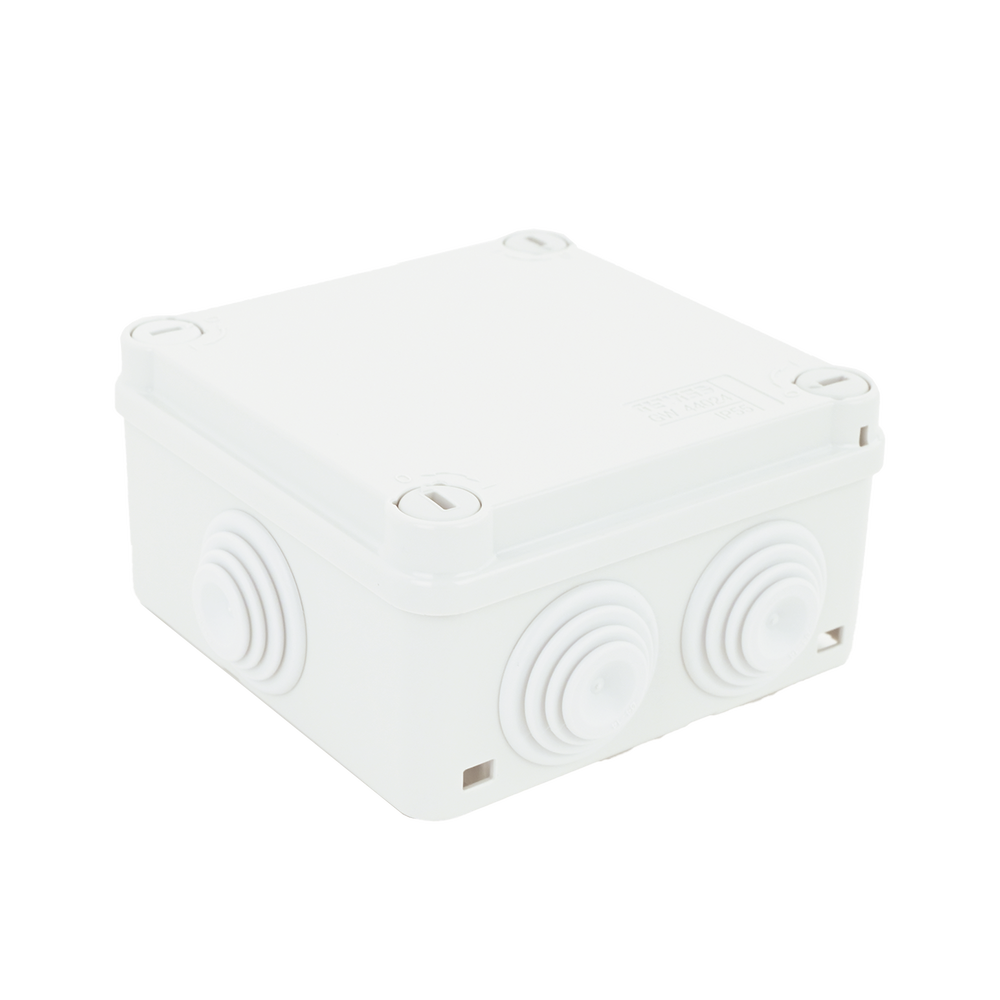 Caja Estanca de PVC Para Derivación y Conexión, 6 Entradas, Tapa con Tornillo de 1/4" de Vuelta, 100x100x50 mm (Área Interna), Uso Exterior IP55, Material que no Propaga el Fuego y Libre de Hálogenos
