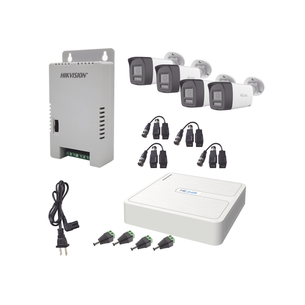 Kit HiLook Audio Bidireccional TurboHD 1080p / DVR 4 Canales / 4 Cámaras Bala (Exterior) con Bocina y Micrófono Integrado / 1 Fuente de Poder / Accesorios