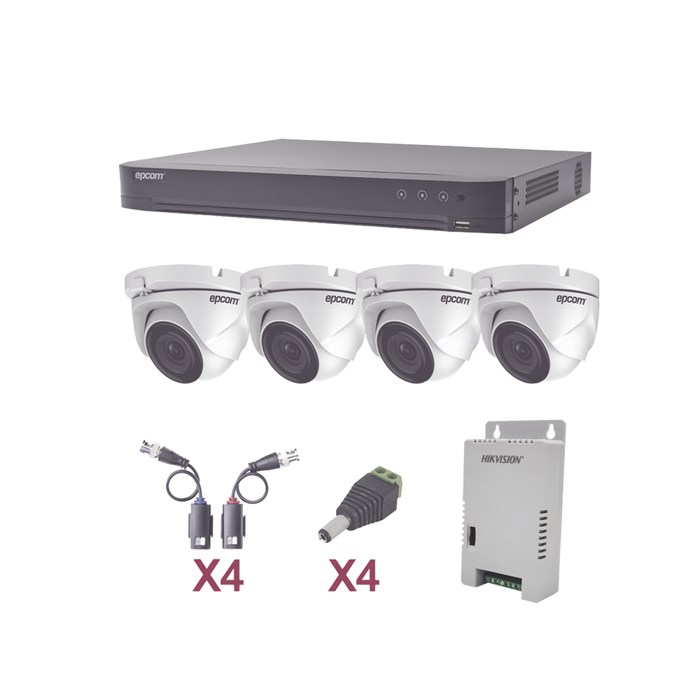 KIT TurboHD 1080p / DVR 4 Canales / 4 Cámaras Eyeball (exterior 2.8 mm) / Transceptores / Conectores / Fuente de Poder Profesional