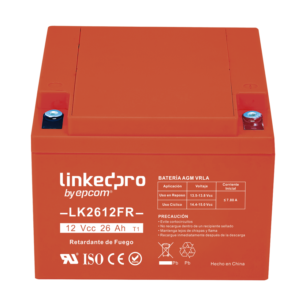 Batería 12 V / 26 Ah / UL / Tecnología AGM-VRLA / Vida útil promedio de 5 años / Retardante a la Flama / Para uso en equipo electrónico, Alarmas de Intrusión / Incendio/ Control de acceso / Video Vigilancia / Term