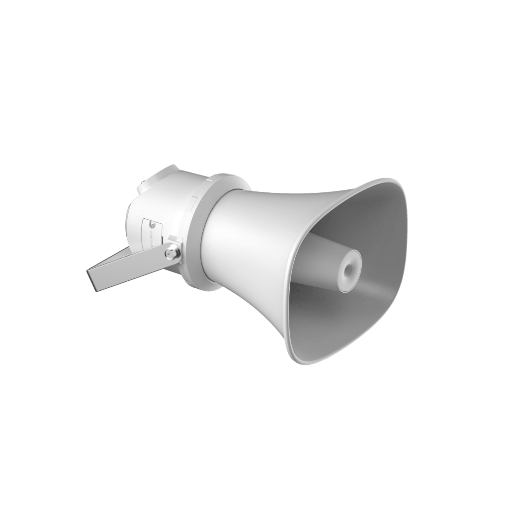 Altavoz IP Tipo Trompeta | 7 Watts | PoE+ |  Reproducción de Audio vía Red | IP67 | Salida de 12 VCD | Metal | Compatible con Hik-Connect / Hik-Central Professional